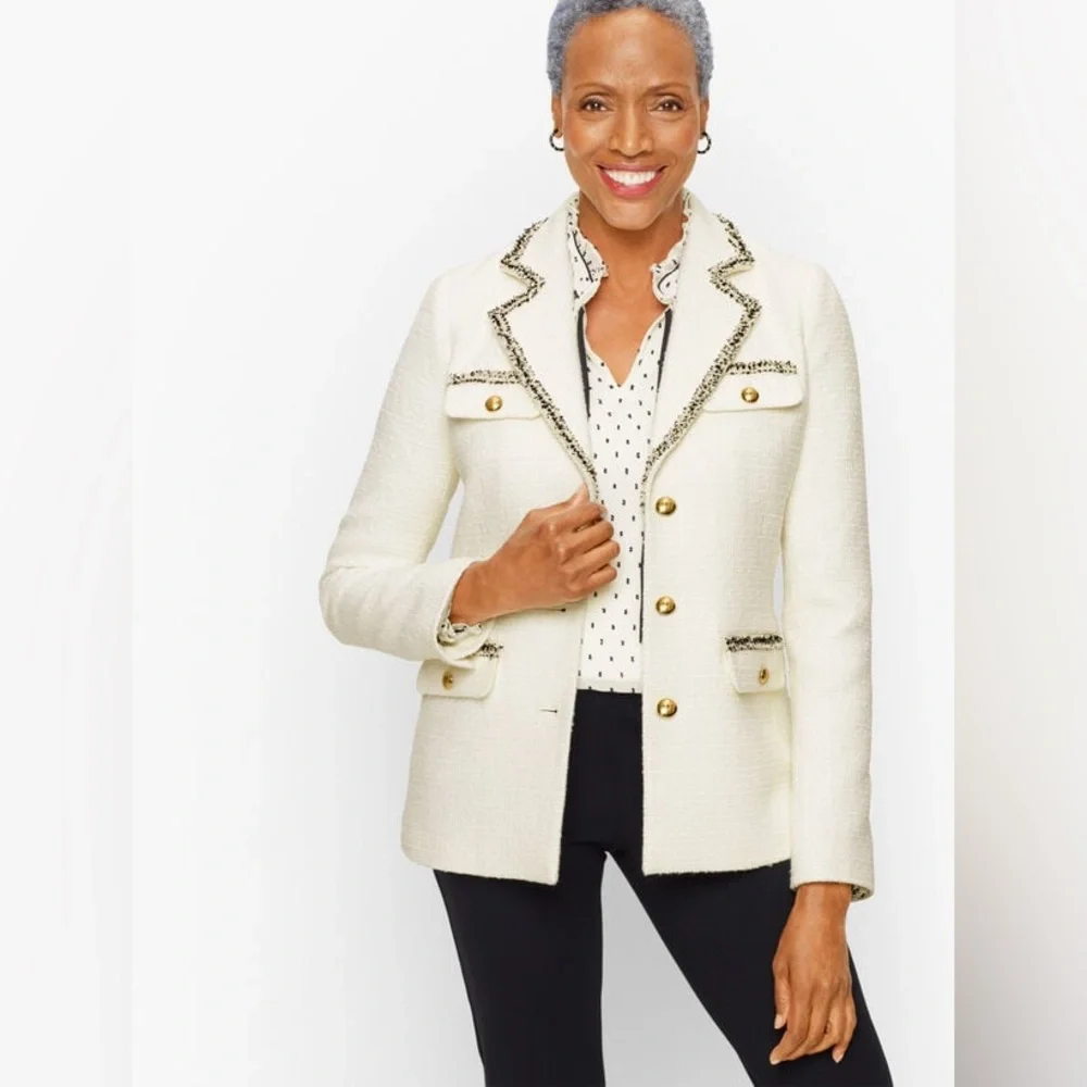 EUC Talbots Cream Tweed Blazer w/ Fringe Trim